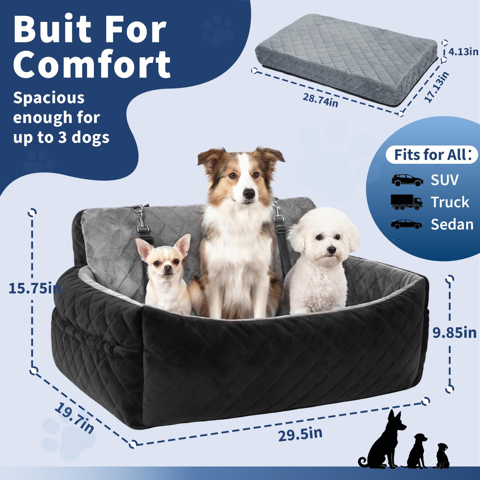 Garvee Extra Large Dog Car Booster Seat with Safety Belt, 3-Side Pet Travel Bed for 2 Medium Dogs, Waterproof & Non-Slip, Car Seat Cover for Truck SUV Sedan, Gray