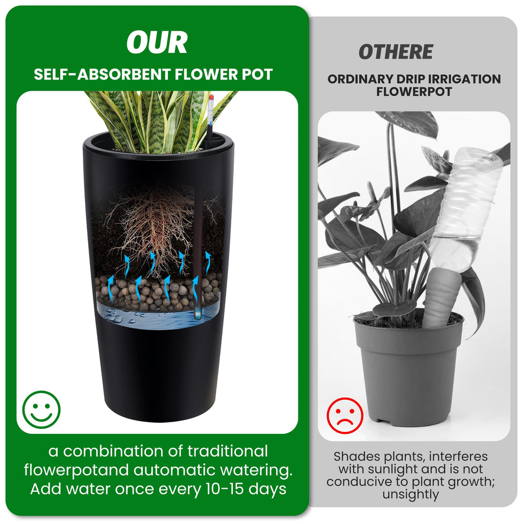 Garvee Tall Planters for Front Porch & Patio, 2-Pack 30 in Self-Watering Pots with Drainage Holes, Water-Level Monitors and Inner Buckets, Black