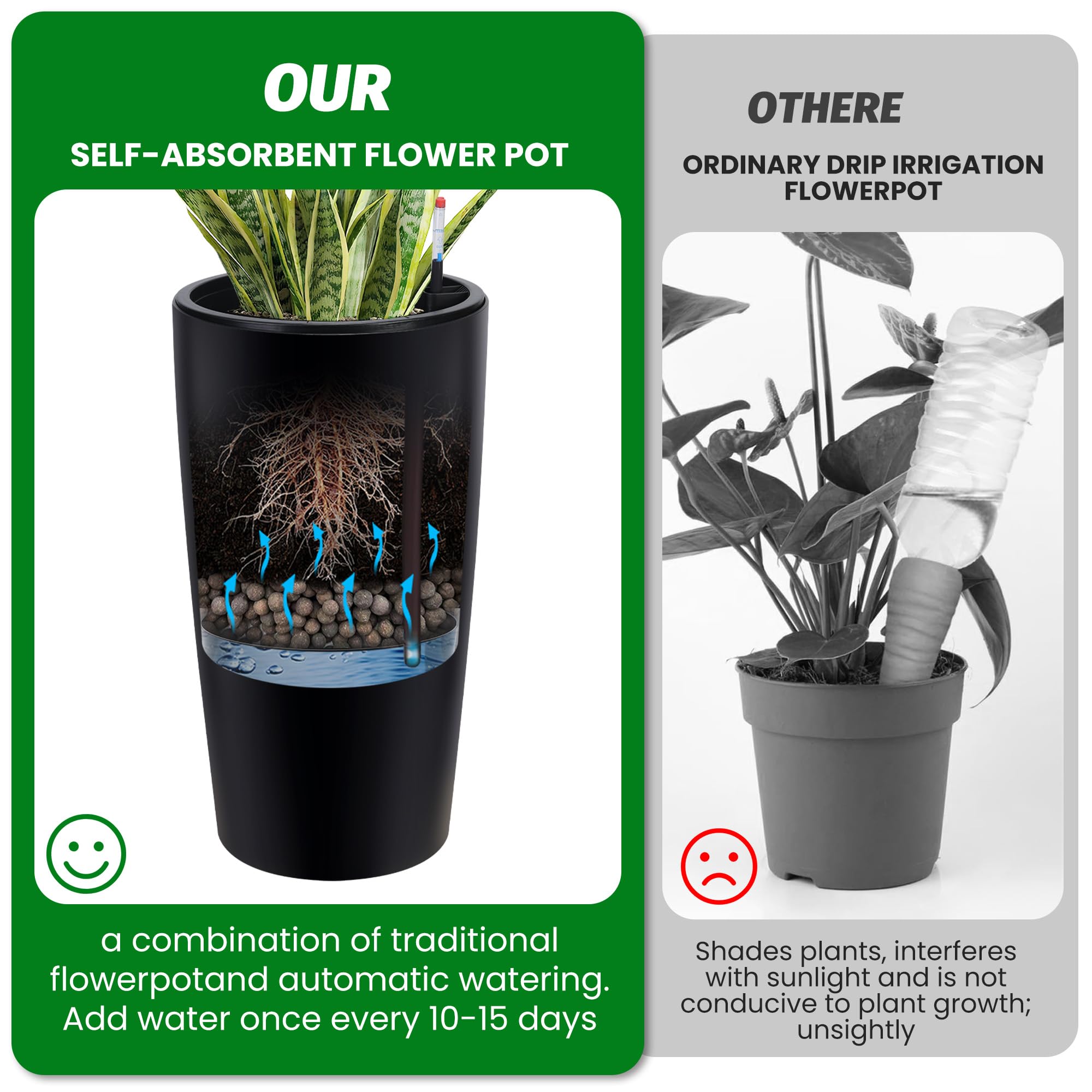 Garvee Tall Planters for Front Porch & Patio, 2-Pack 30 in Self-Watering Pots with Drainage Holes, Water-Level Monitors and Inner Buckets, Black