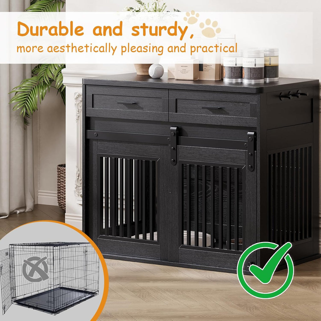 Garvee Heavy Duty Wooden Dog Crate Furniture with Sliding Barn Door and 2 Storage Drawers, Indoor Dog Kennel End Table with Hook, Farmhouse Style Dog Crates for Medium/Large Dogs, Black