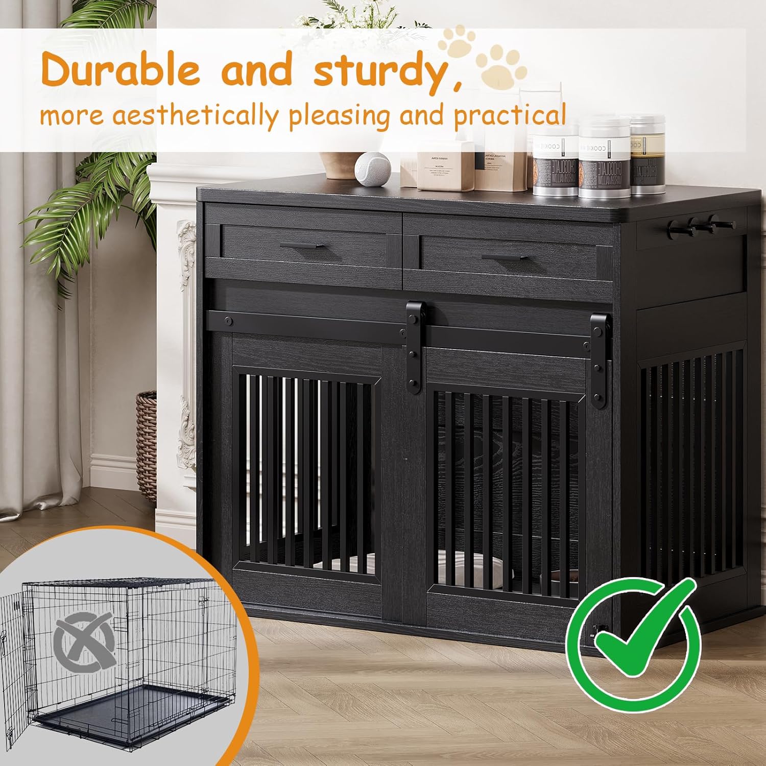 Garvee Heavy Duty Wooden Dog Crate Furniture with Sliding Barn Door and 2 Storage Drawers, Indoor Dog Kennel End Table with Hook, Farmhouse Style Dog Crates for Medium/Large Dogs, Black