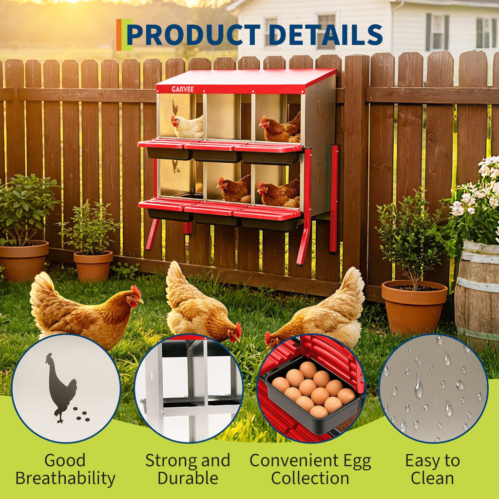 Garvee 6 Compartment Metal Chicken Nesting Box – Soft Cushion, Easy-Clean, Roll Away Egg Collection, Ventilated Design for Outdoor Chicken Coop, Rabbit, Duck – Red with Chicken Design – Size: 6 Compartments, Color: Red (Side Chicken Design)