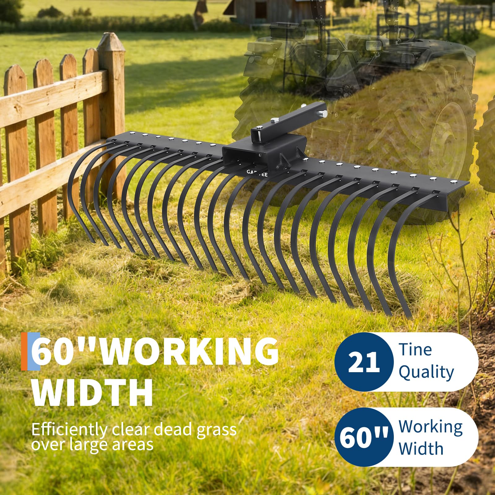 Garvee 60" Tow Behind Landscape Rake with 21 Steel Coil Tines, Heavy Duty Pull Behind Lawn Dethatcher Rake Attaches to 48" or 60" Toolbars and 3-Point Suspension Systems for Leaves, Pine Needles