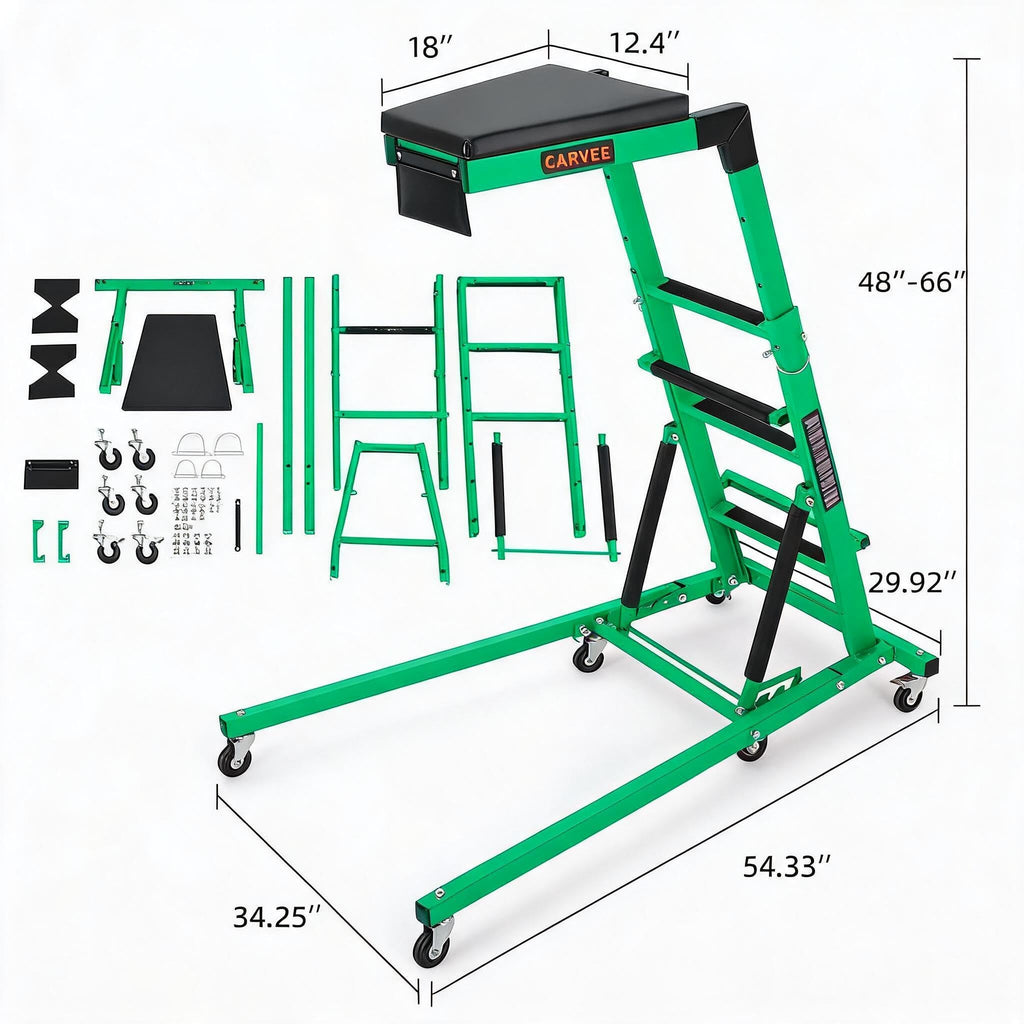 Garvee Heavy Duty Over-Engine Creeper for Mechanics – Adjustable Height 48-68 in, 400 lbs Capacity, Collapsible Design, 6 Swivel Casters, Thick Cushion, Tool Pouch – Ideal for Garage Workshop – Green Engineering (RAL 6024)