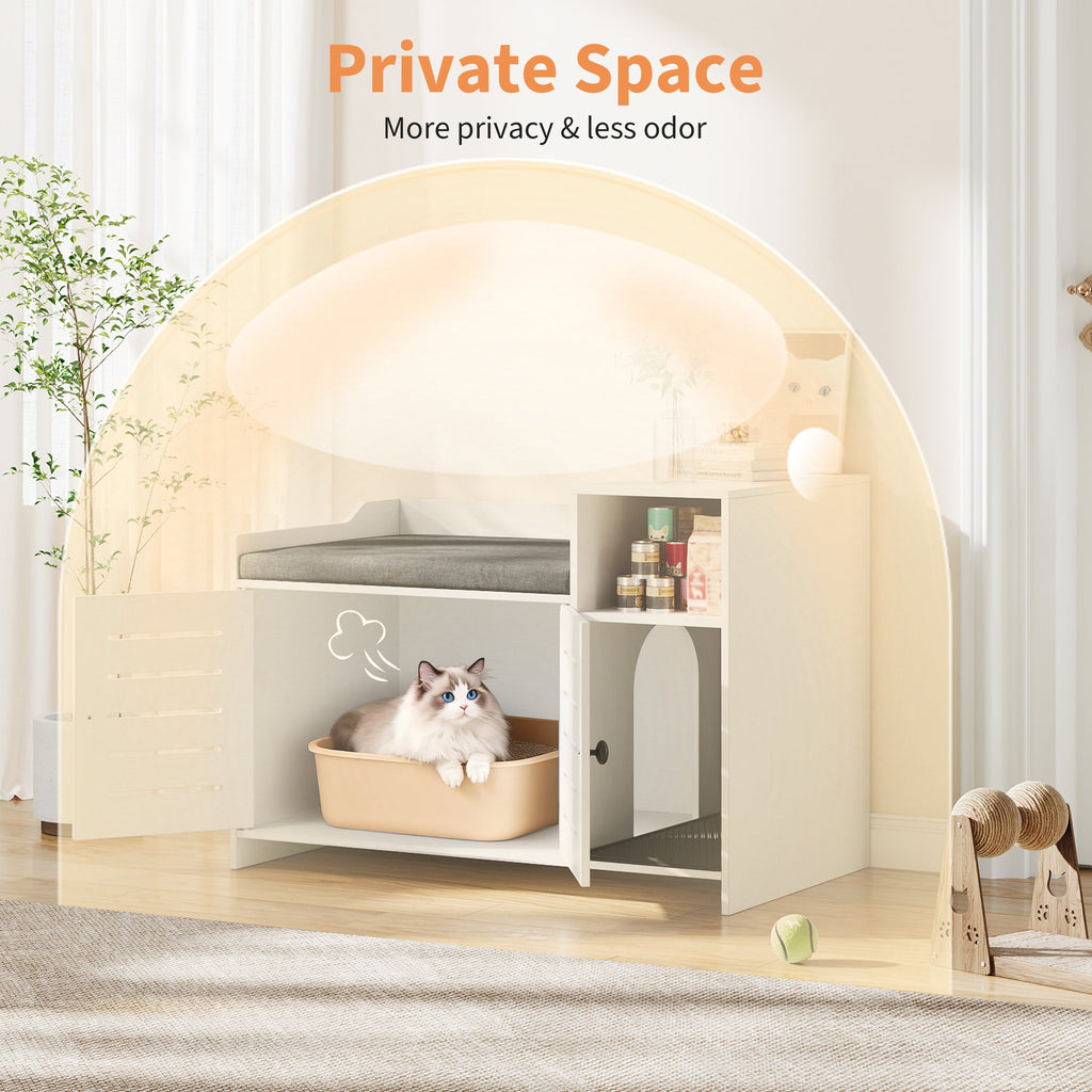 Garvee Cat Litter Box Enclosure, Hidden Litter Box Furniture with Litter Mat & Storage Shelf, Farmhouse Indoor Cat House Cabinet for Hallway, Bedroom, White