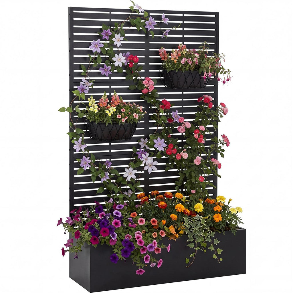 Garvee Raised Planter Box with Trellis for Vines & Vegetables, 71 in All-Weather Metal Garden Bed with Privacy Screen, Drainage Holes and Black Striped Panel
