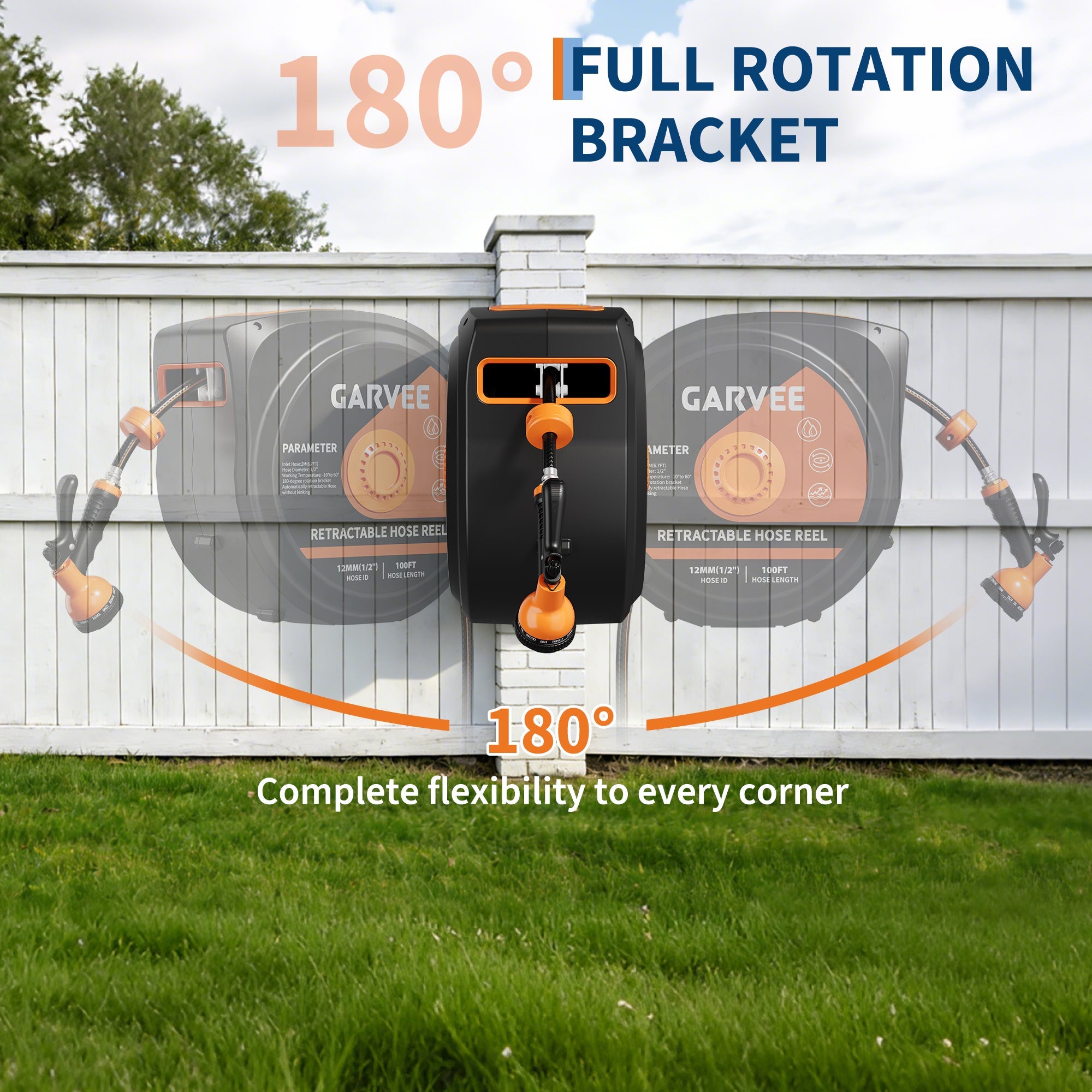 Garvee 100ft Retractable Garden Hose Reel, 1/2" Wall Mounted Hose Reel with Auto Rewind, Any-Length Lock, 180° Swivel Bracket, 10-Pattern Nozzle, Heavy Duty Outdoor Hose Storage