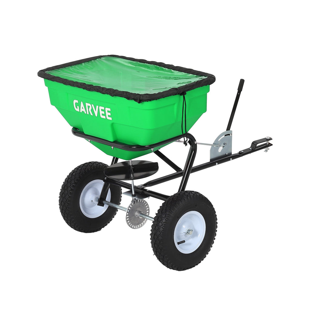 Garvee 130 lb Tow-Behind Broadcast Spreader, Heavy-Duty Lawn & Garden Spreader with 0–12 ft Coverage, Universal Hitch, 13" Pneumatic Tires & 20-Level Flow Control for ATV, UTV & Riding Mower, Green