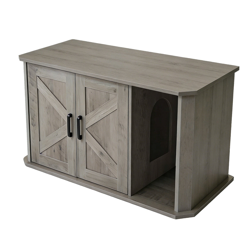 Garvee Modern Wooden Cat Litter Box Furniture – Double-Door Hidden Washroom Cabinet with Side Entry – Easy to Clean, Odor Resistant – Large Cat House End Table – Gray Color