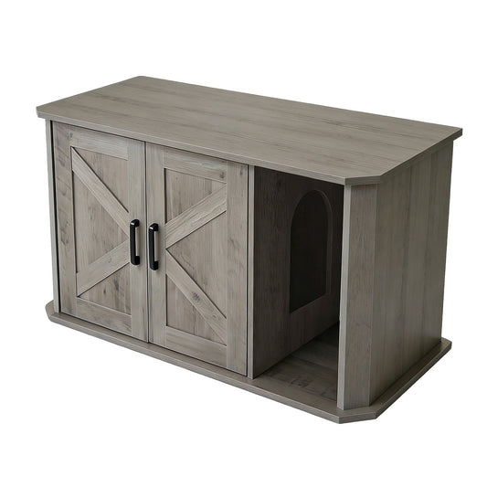 Garvee Modern Wooden Cat Litter Box Furniture – Double-Door Hidden Washroom Cabinet with Side Entry – Easy to Clean, Odor Resistant – Large Cat House End Table – Gray Color