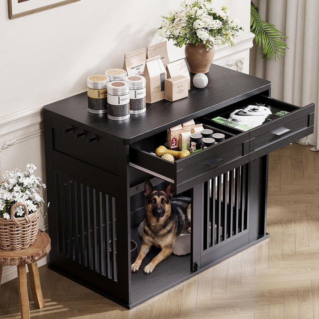 Garvee Heavy Duty Wooden Dog Crate Furniture with Sliding Barn Door and 2 Storage Drawers, Indoor Dog Kennel End Table with Hook, Farmhouse Style Dog Crates for Medium/Large Dogs, Black