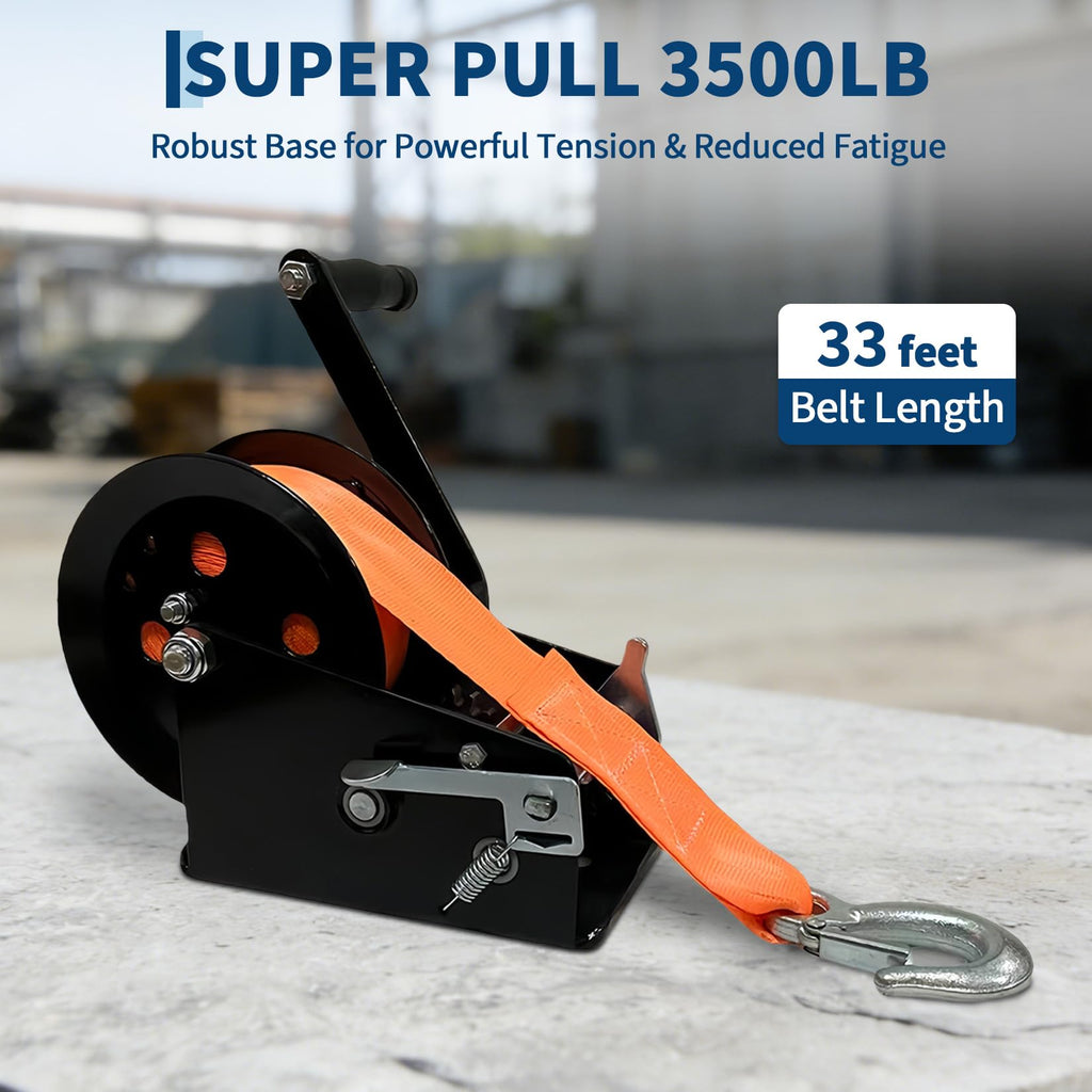 Garvee 3500lbs Heavy Duty Boat Trailer Winch with 33FT Strap, Dual-Speed 4:1/8:1 Gear Ratio & 2-Way Ratchet, Professional Hand Crank Winch for Pulling Boat, Trailer, Truck, RV, ATV, Jet Ski