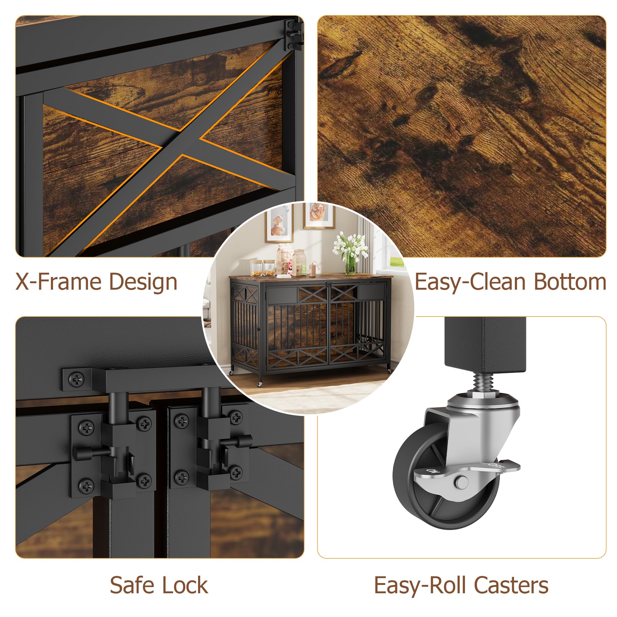 Garvee Heavy Duty Wooden Dog Crate Furniture - 47 Inch Large Pet Kennel Cage with Double Doors, Pulley System & Name Tag - Decorative End Table & TV Stand for Dogs, Antique Brown