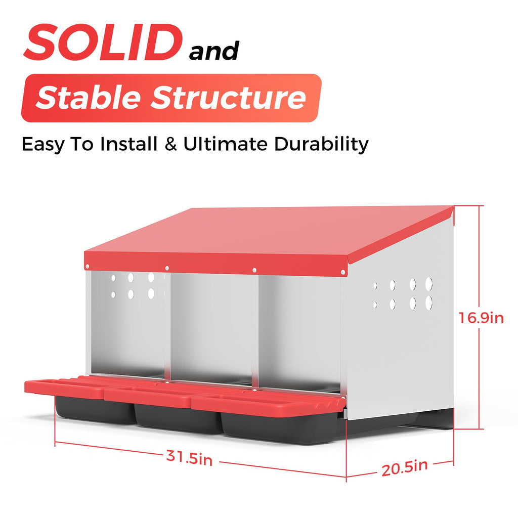 Garvee 3-Hole Metal Chicken Nesting Box, Roll Away Poultry Laying Box with Sloped Roof, 31.5"x20.5"x16.9", Red