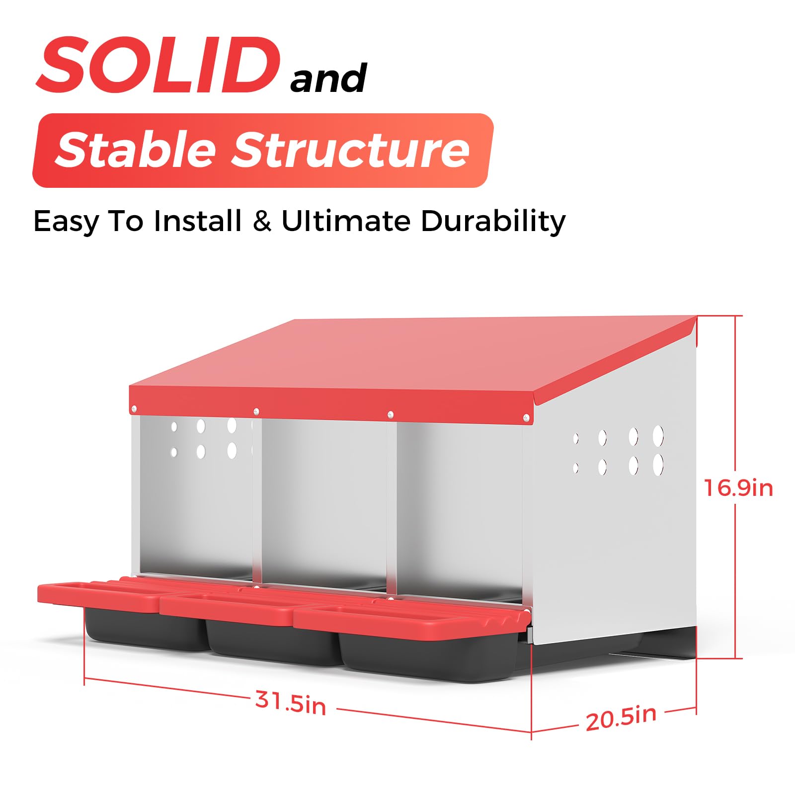Garvee 3-Hole Metal Chicken Nesting Box, Roll Away Poultry Laying Box with Sloped Roof, 31.5"x20.5"x16.9", Red