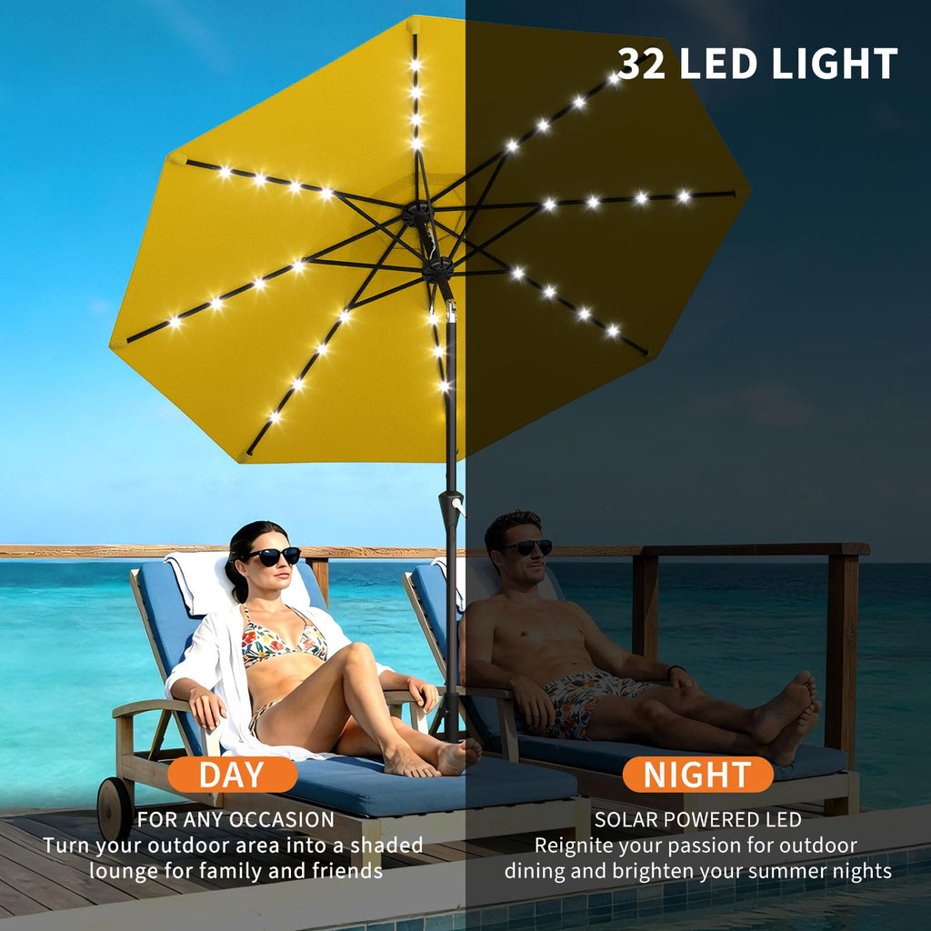 Garvee 10 ft Solar Patio Umbrella with 32 LED Lights, Outdoor Market Umbrella with Crank Lift & Tilt, UV-Resistant Canopy for Pool, Garden & Backyard, Yellow