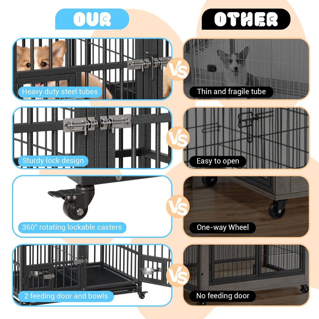 Garvee Heavy Duty Sliding Rail Dog Crate, 42 Inch Dog Crate with Double Door, 360° Lockable Wheels and Removable Tray, Easy to Assembly, Indoor Outdoor Dog Kennel for Small to Large Dogs