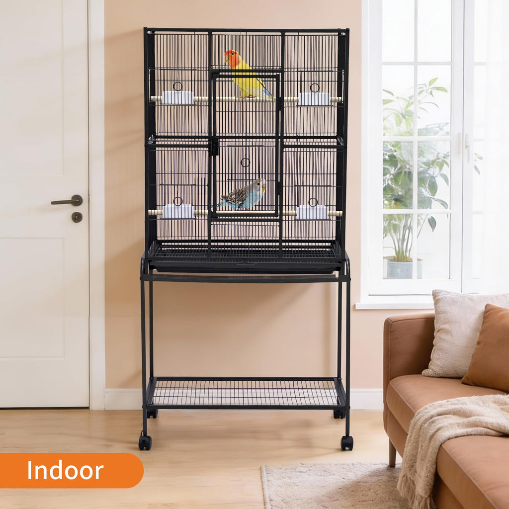 Garvee 62.6" Large Bird Cage, Parrot Bird Cage with Rolling Stand & Storage Shelf, Heavy Duty Wrought Iron Flight Cage, Secure Lock, Ideal for Parakeets, Parrots, Cockatiels, Conures, Lovebirds