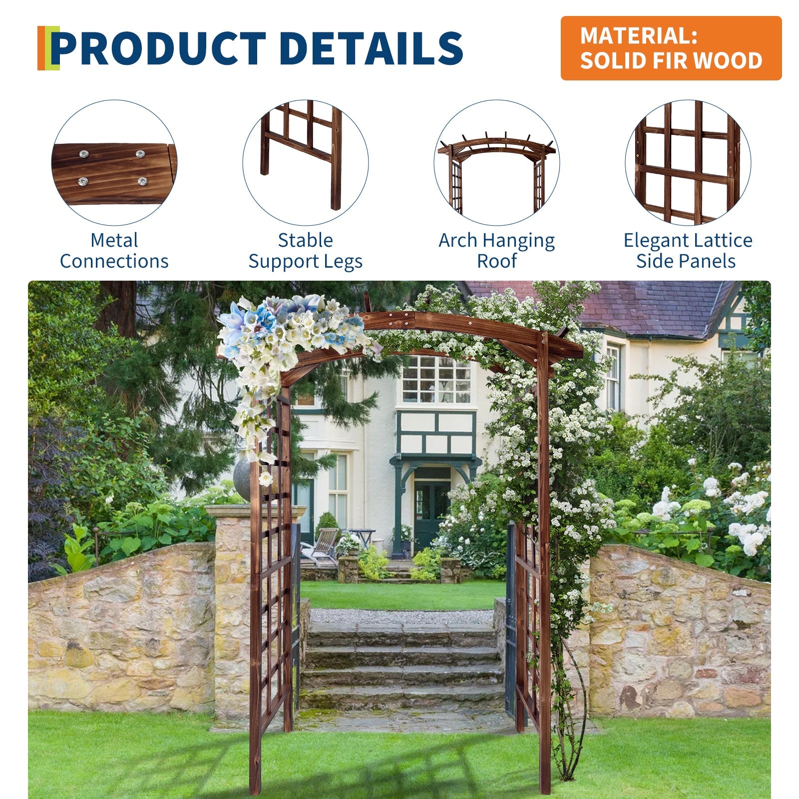 Garvee 85-Inch Wooden Garden Arbor Trellis, Fir Wood Arched Pergola for Climbing Plants, Wedding, Patio, Lawn & Backyard, Dark Brown, Arched Top