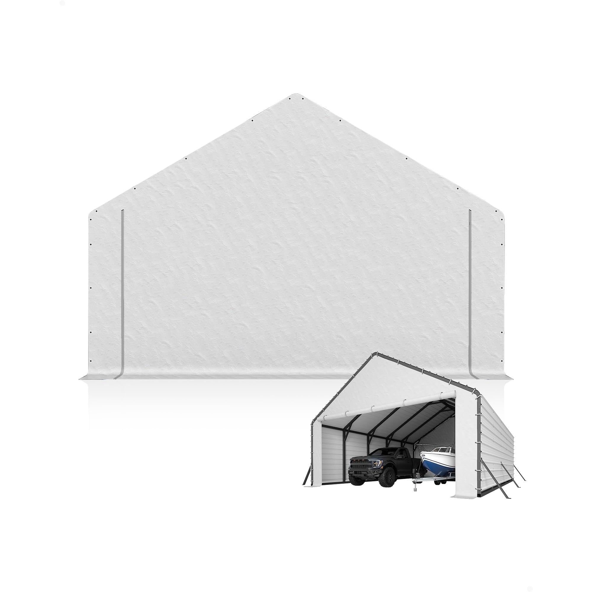 Garvee Carport Replacement Door Panel, 13 FT Wide 220 GSM Polyethylene Tarp with Zippered Door, 110° Roof Angle, UV-Resistant White End Panel for Metal Carports