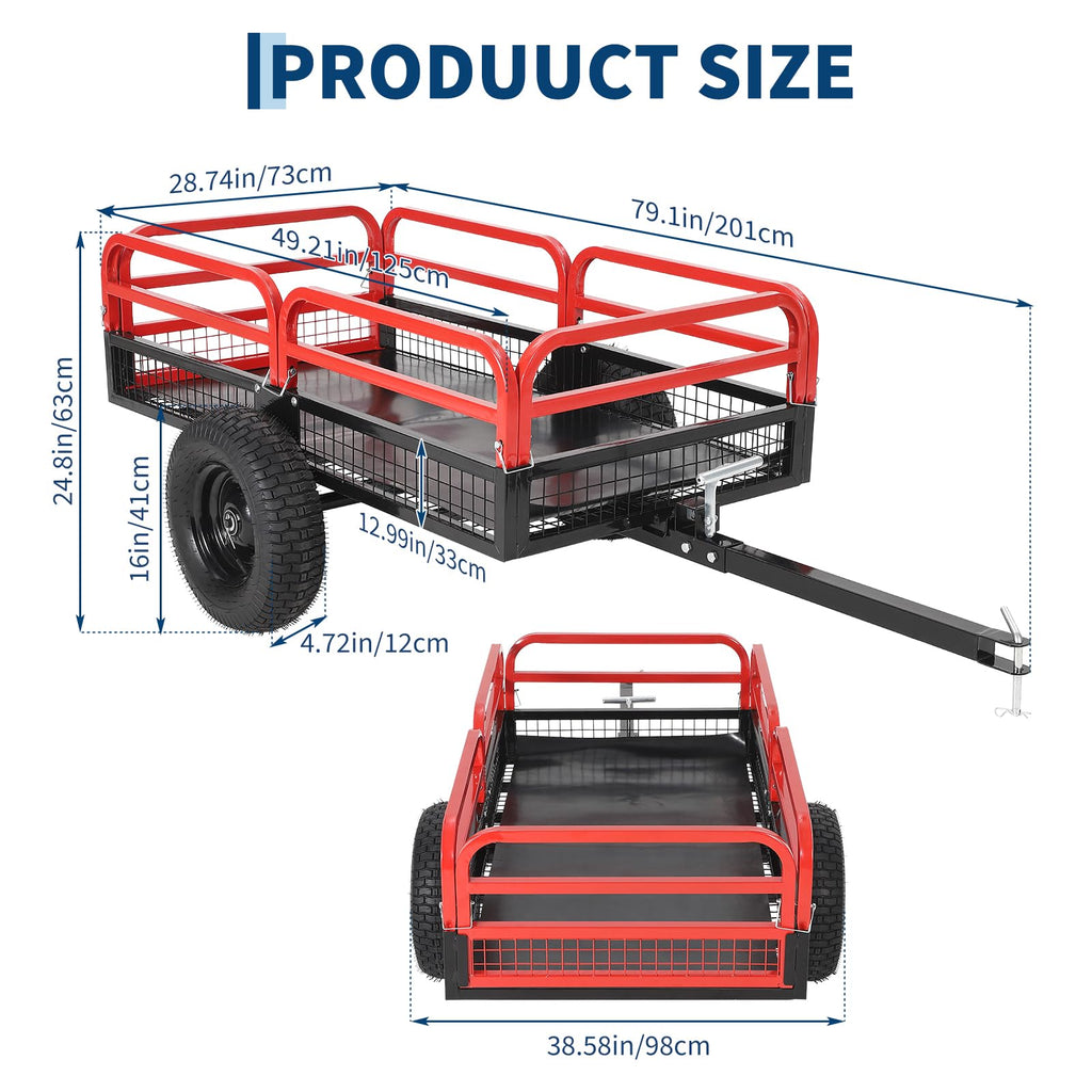 Garvee Dump Cart, 1500 lb Steel Garden Utility Wagon, True 15 Cu Ft Tow Behind ATV, UTV & Lawn Mower, Quick Release Dump, Removable Sides, Pneumatic Tires