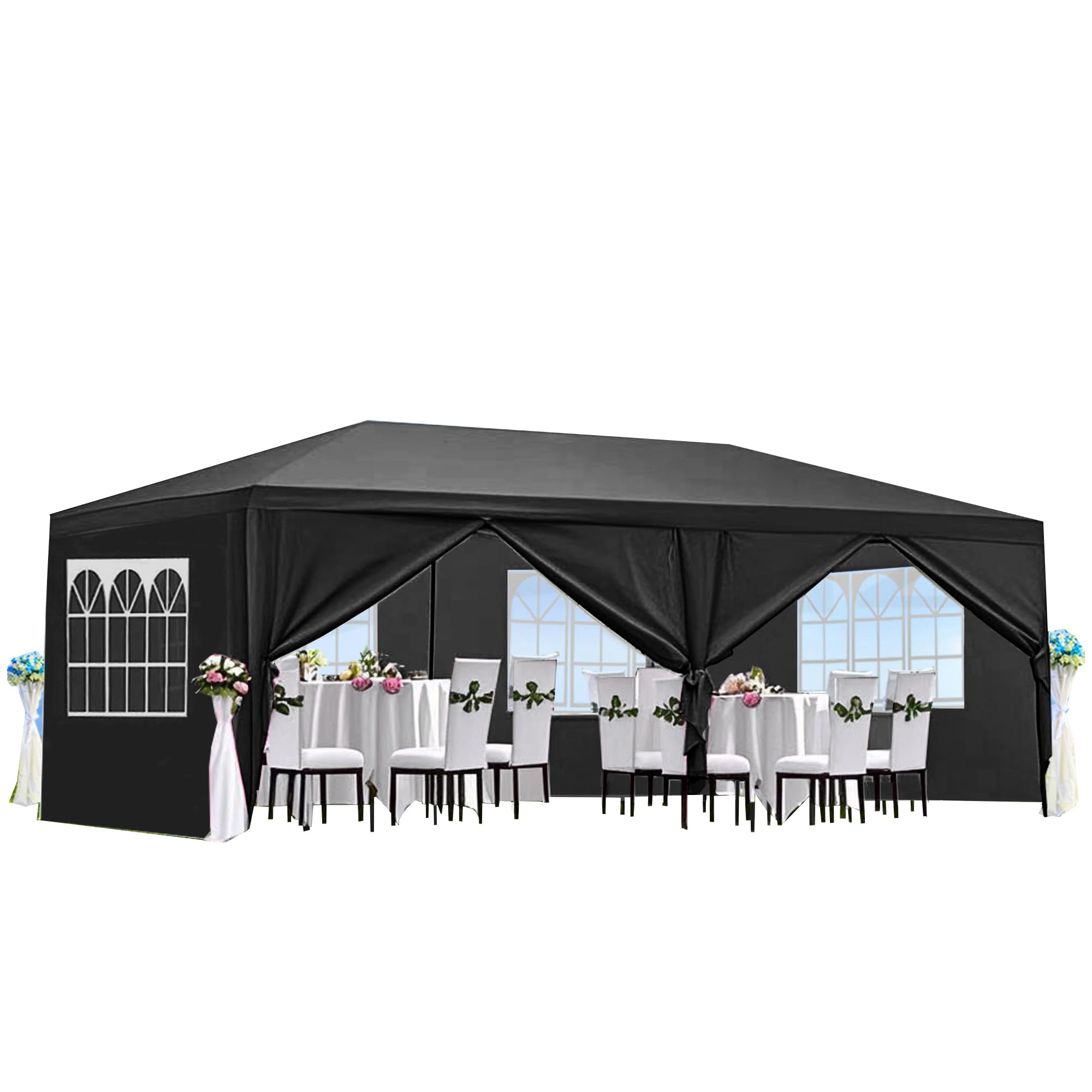 Garvee 10' × 20' Outdoor Party Tent with 6 Removable Sidewalls, Waterproof Canopy, Wedding Gazebo for Backyard, Patio, BBQ and Events, Black