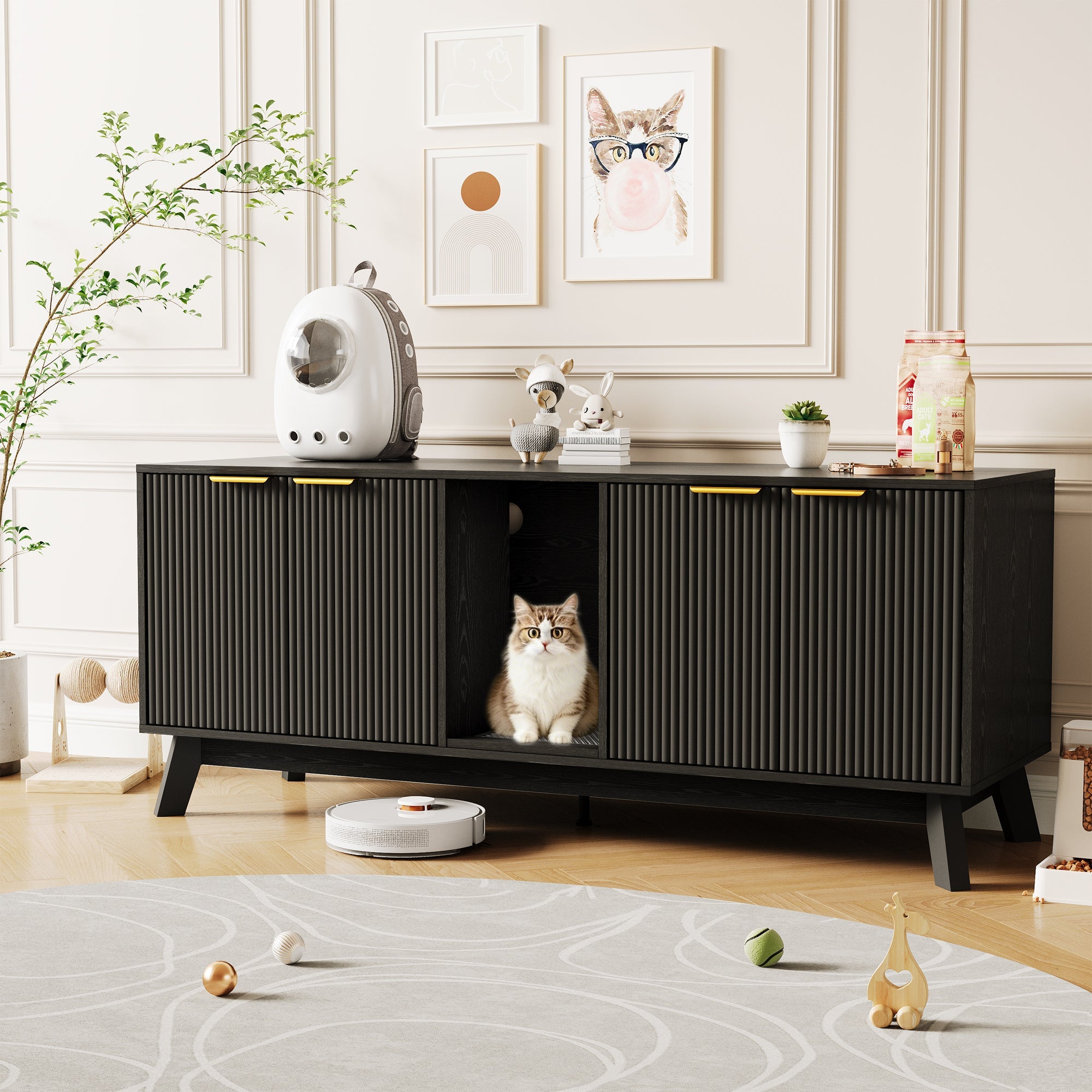 Garvee Double Cat Litter Box Enclosure Furniture, Hiddden Litter Box Furniture with Litter Collector & Scratch Pad, Wooden Litter Box Cabinet, Cats House, Black