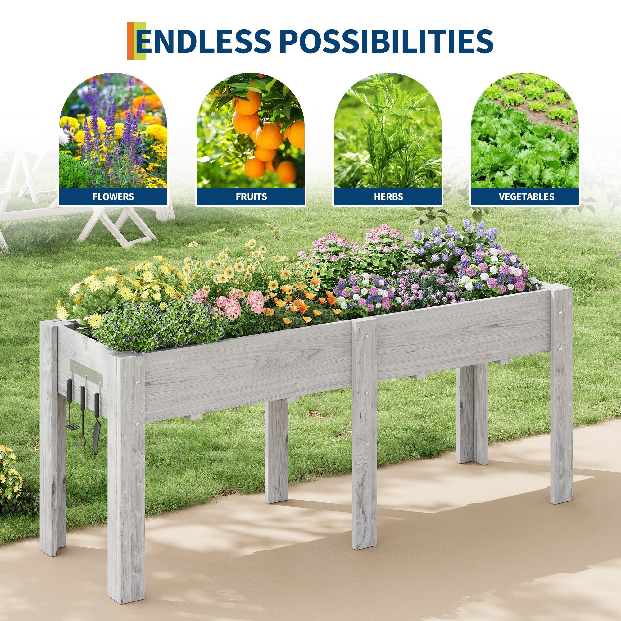 Garvee 72" x 23" x 30" Gray Raised Garden Bed with Legs, Solid Fir Wood Elevated Outdoor Planter Box with Non-Woven Liner & Hooks for Vegetables, Herbs, Flowers, Patio, Balcony & Backyard