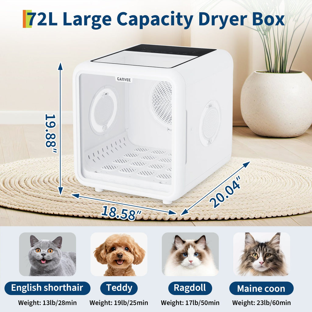 Garvee 72L Pet Dryer Box for Cats & Small Dogs, 360° Airflow Drying Machine with Smart Temperature Control, Low Noise & LED Display, 5 Air Outlets, White