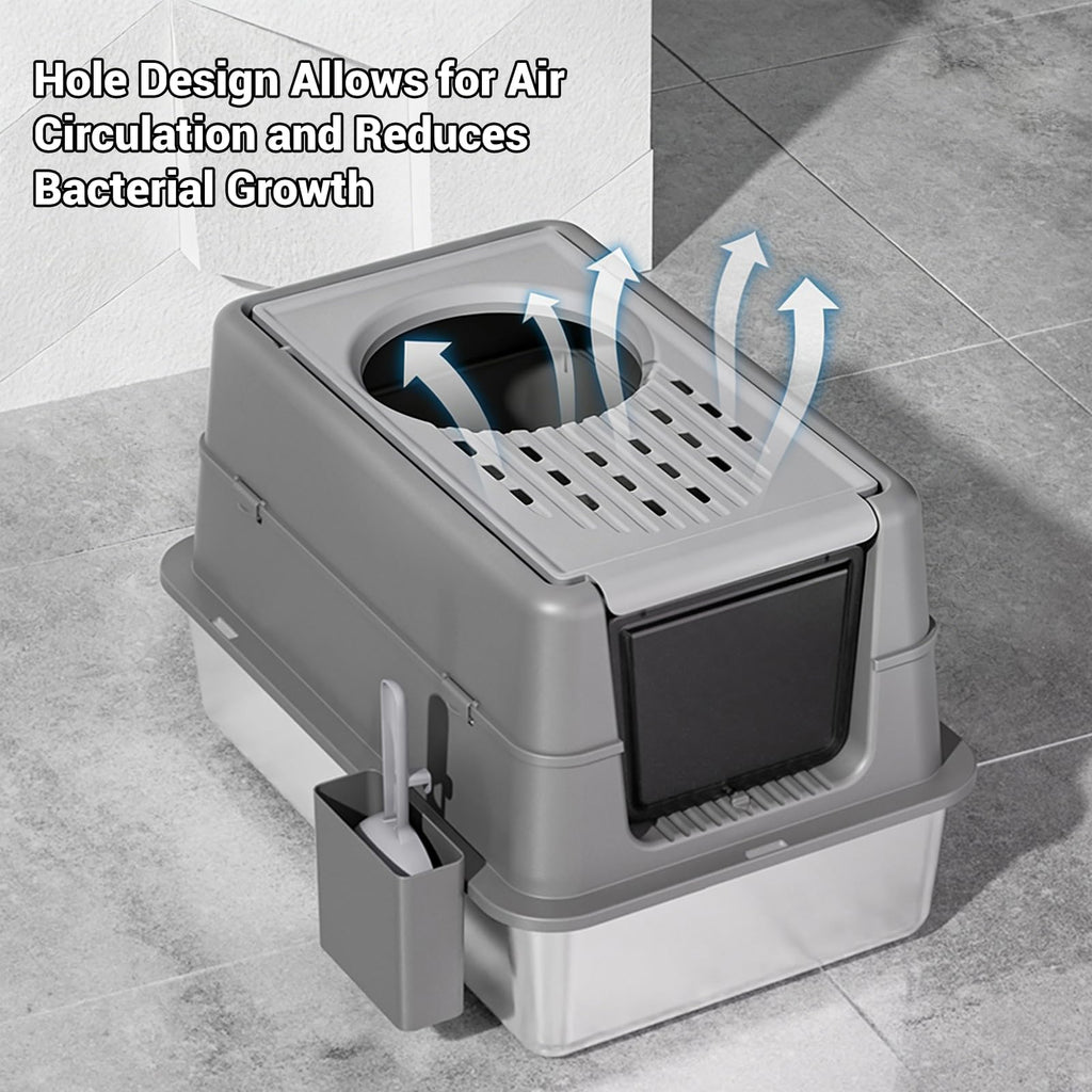 Garvee Extra Large Stainless Steel Cat Litter Box, High Enclosed Sides, Leak-Proof Turn Over Lid, Easy to Clean Large Enclosed Odor Control Litter Box for Cats & Rabbits, 8'' Deep Dark Gray