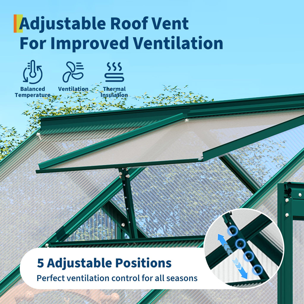 Garvee 6 × 3 FT Polycarbonate Greenhouse, 4 mm Double-Wall Panels, 99% UV Protection, Aluminum Walk-In Greenhouse with Roof Vent, Sliding Door and Rain Gutters, Green