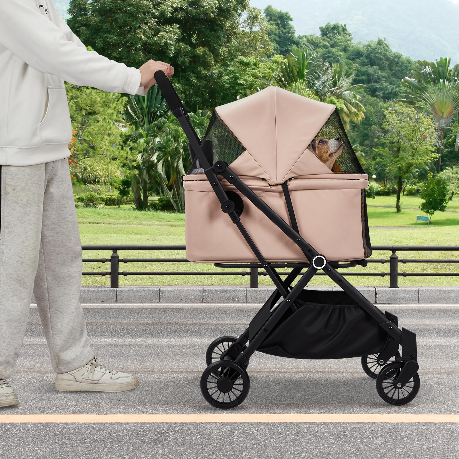 Garvee Foldable 4-Wheel Pet Stroller for Dogs & Cats -Dog Stroller, Lightweight Travel Carrier for Small to Medium Pets Up to 50 LBS, 360° Swivel Front Wheels, Foot Brake, Breathable Mes