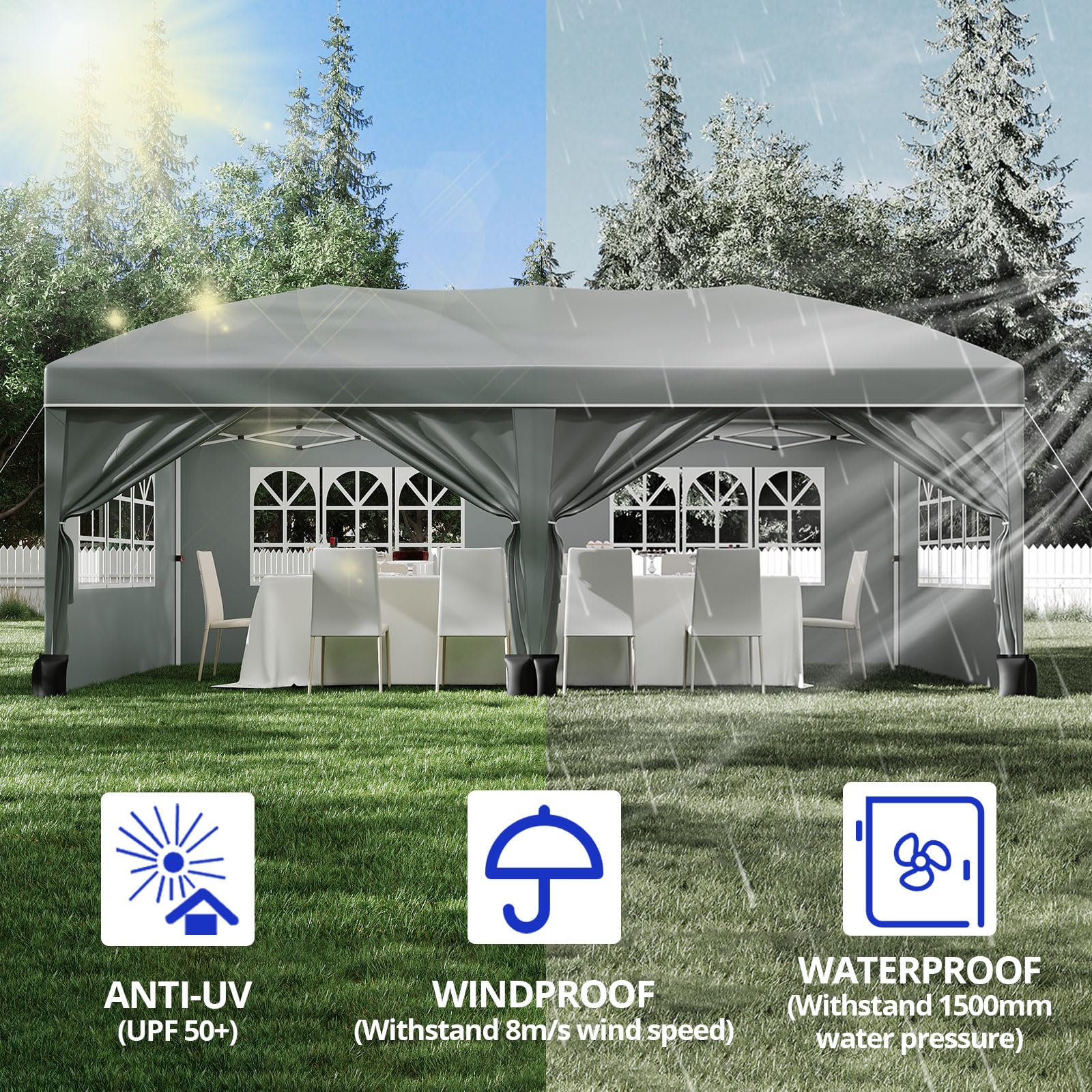 Garvee Gray 10' x 20' Pop Up Canopy Tent, Heavy Duty Waterproof Event Shelter with 6 Sidewalls, UPF 50+ Oxford Fabric, Adjustable Height & Wheeled Bag