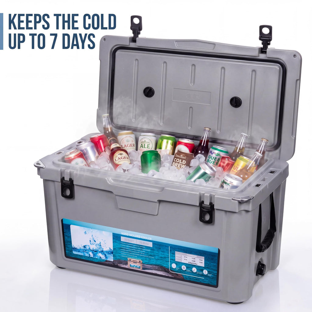 Garvee Extra-Thick Insulated Camping Cooler 75qt - Large Portable Ice Chest Keeps Ice Up to 7 Days - Strap & Handle - For Food, Drinks, Beach, Picnic, Fishing, Boat - Cool Gray - KUER-F-75 Cool Gray GRAY 6C