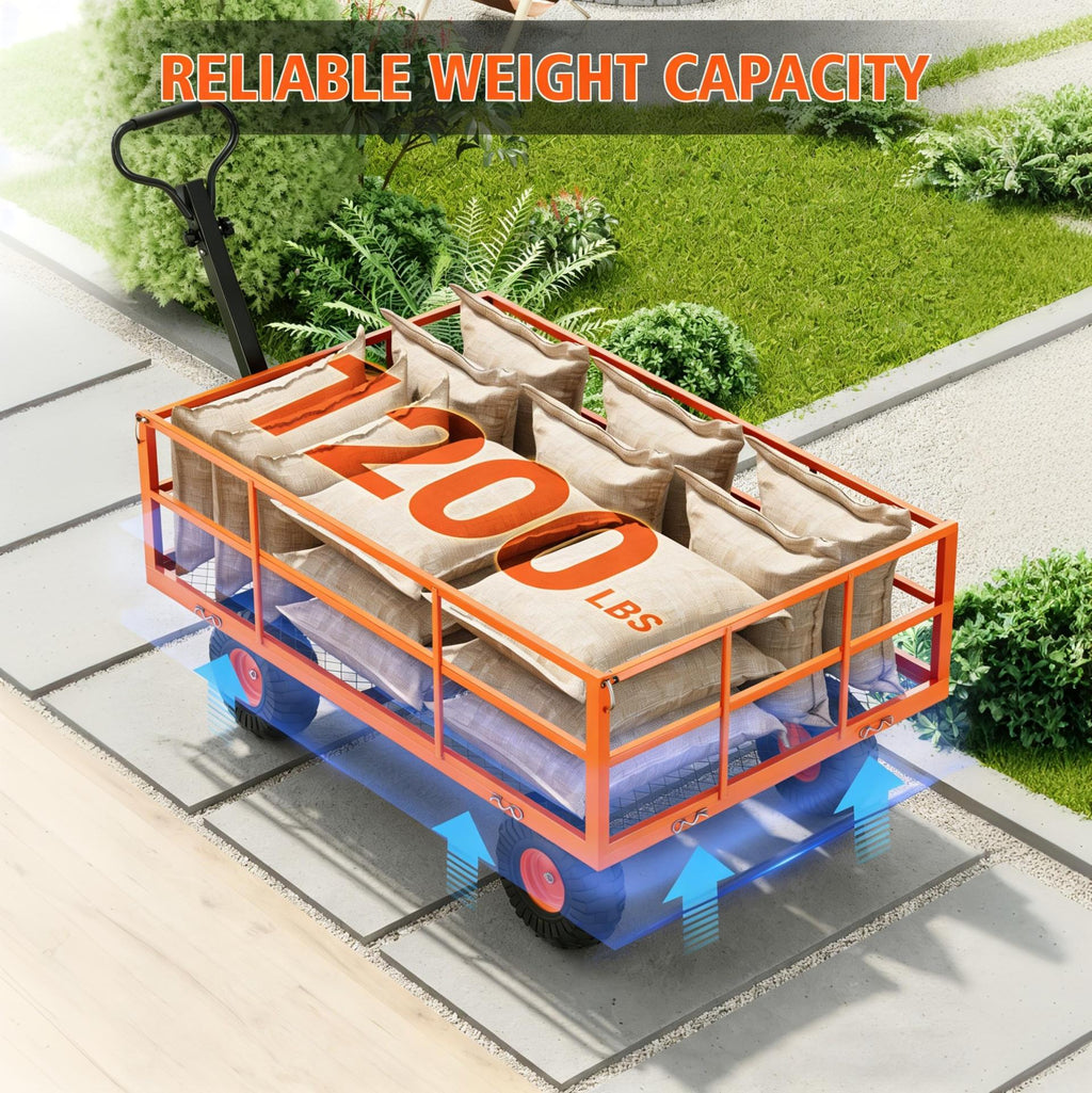 Garvee Garden Cart, 1200 lbs Heavy Duty Steel Utility Wagon with Removable Mesh Sides, 13" Wheels and 180° Pull Handle for Yard, Orange