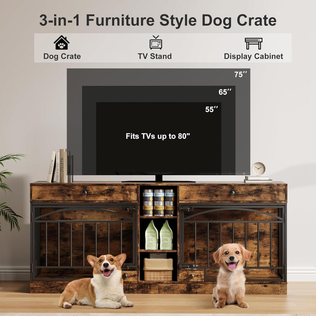 Garvee Dog Crate Furniture for 2 Dogs, 78.7" Large Dog Kennel Indoor with 2 Storage Drawers, 3 Shelves and Feeding Bowls, Double Dog Crate TV Stand for Small and Medium Dogs, Brown
