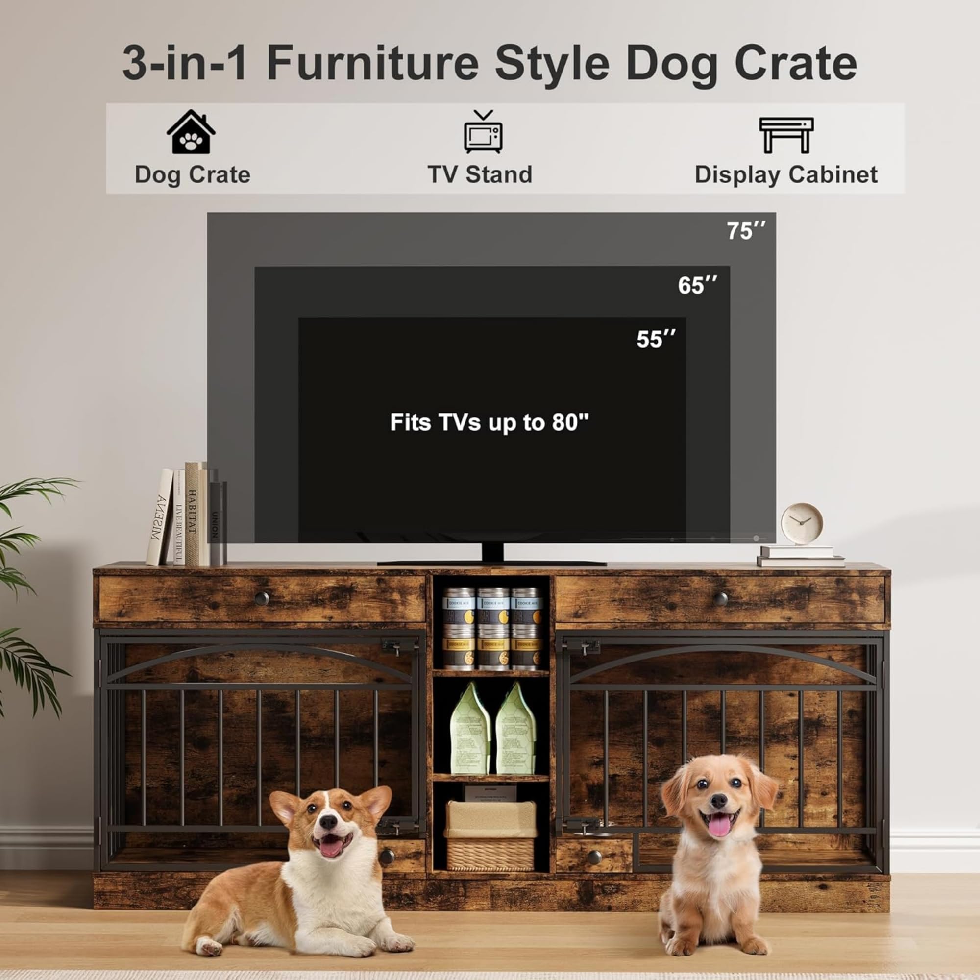 Garvee Dog Crate Furniture for 2 Dogs, 78.7" Large Dog Kennel Indoor with 2 Storage Drawers, 3 Shelves and Feeding Bowls, Double Dog Crate TV Stand for Small and Medium Dogs, Brown