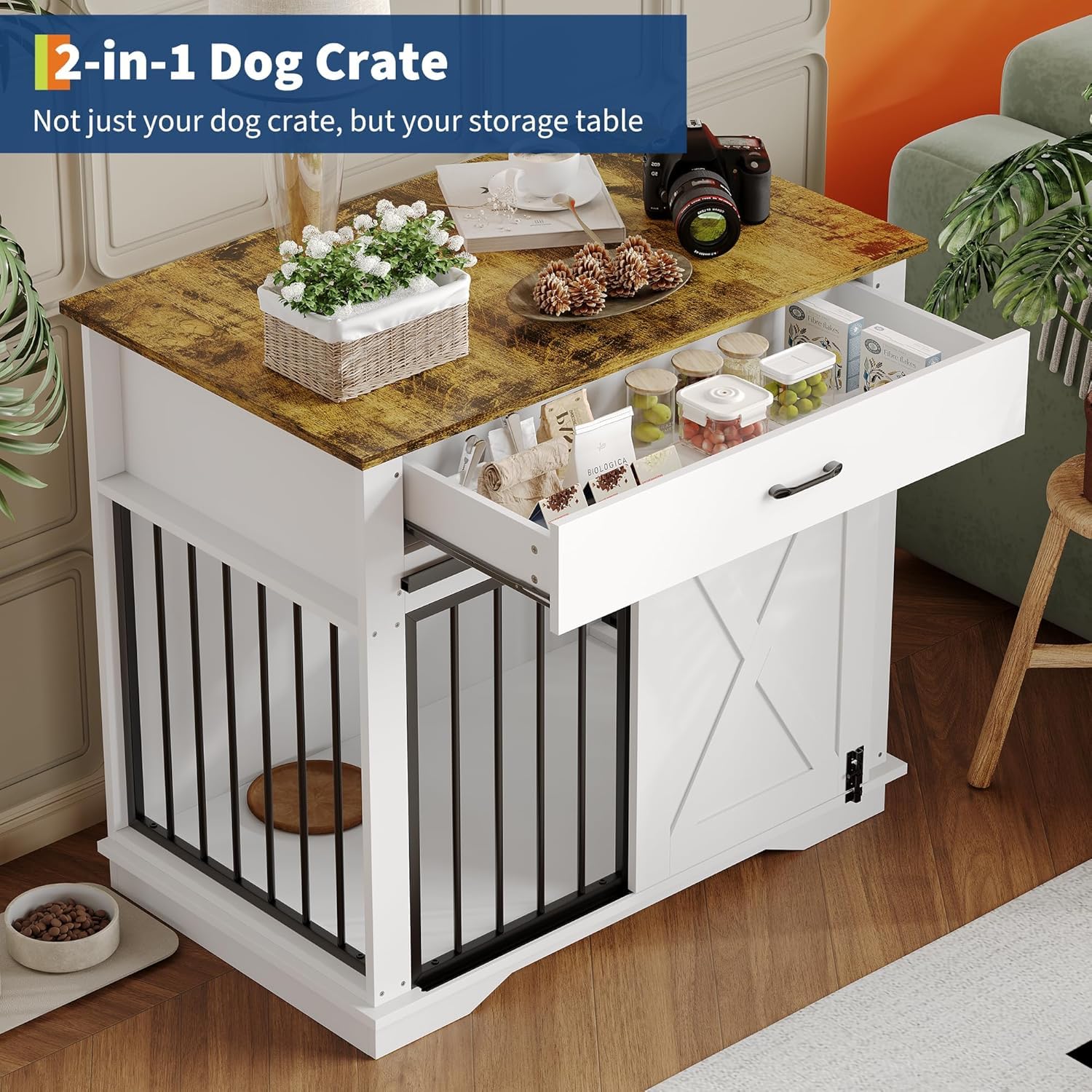 Garvee 38" Dog Crate Furniture, Wooden Dog Furniture with Sliding Door and Drawer, 2 in 1 Indoor Pet House and Side End Table for Small to Medium Dogs, White