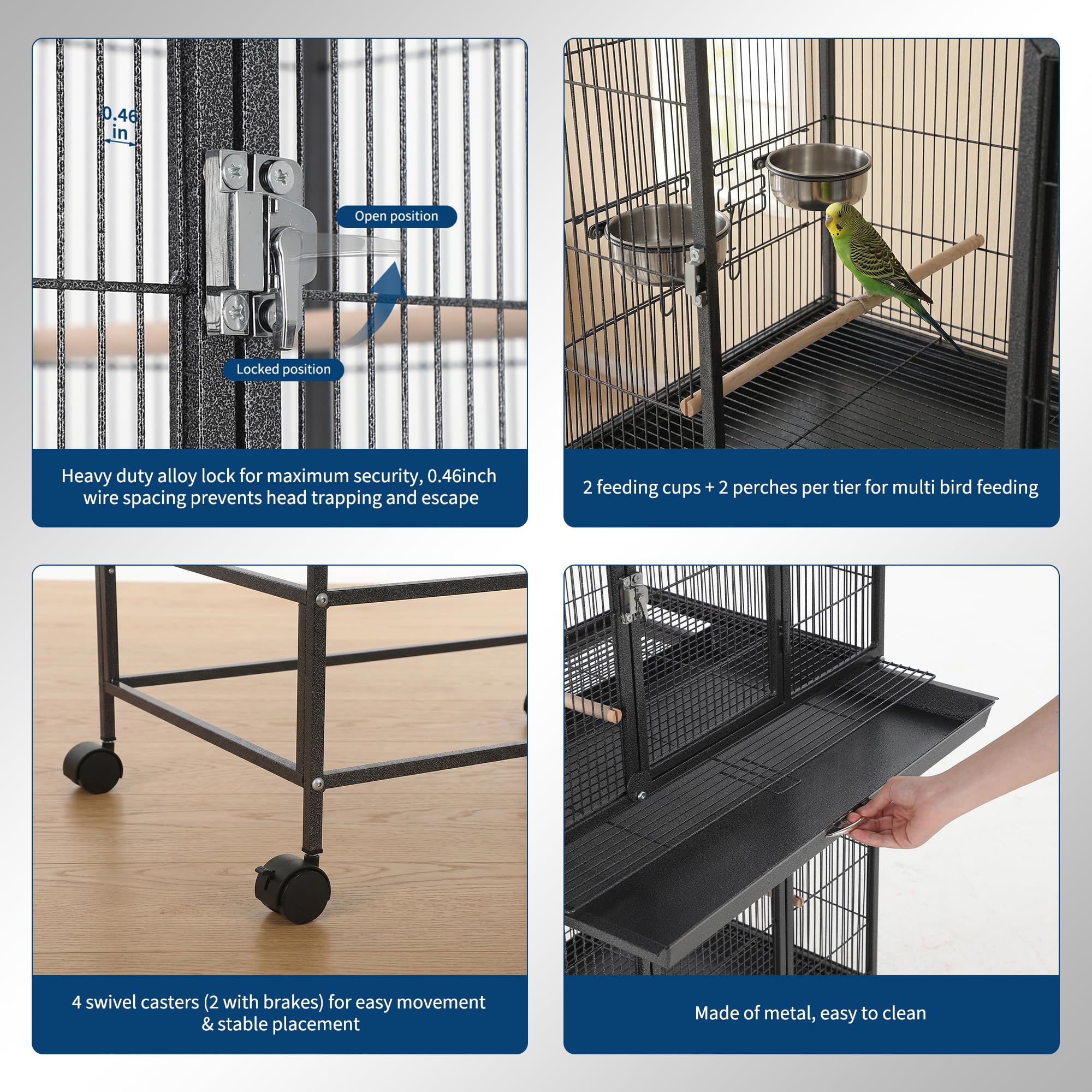 Garvee Heavy Duty Carbon Steel Bird Cage - 74 Inch Stackable Aviary with 3 Dividable Compartments, Removable Trays, Spacious Flight Enclosure for Parakeets, Cockatiels, Conures, Finches - Silver Black