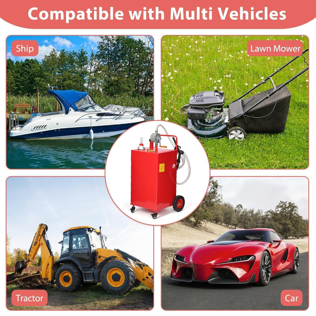 Garvee 30 Gallon Heavy Duty Fuel Caddy Portable Gas & Fuel Transfer Tank - Manual Pump, Reinforced 4-Wheel, Brakes, Hose - For Tractor, Truck, Boat, Lawn Mower, Farm Equipment - Reinforced ribs model 4 wheels - bright red powder coating - 2026 model
