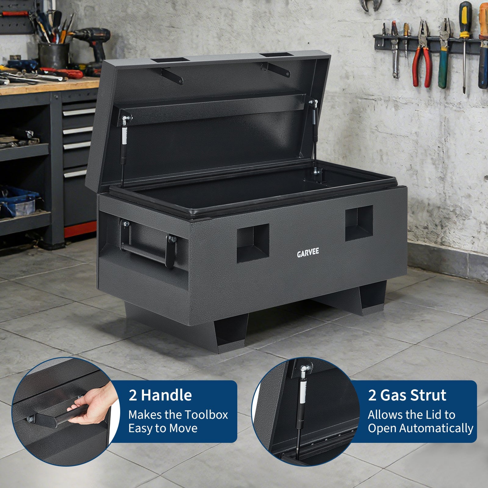 Garvee 42"x18"x20" Heavy-Duty Steel Truck Bed Tool Box - Lockable Waterproof Jobsite Chest with Removable Feet, Side Handles, and Dual Locks, Black with Silver Floral Spray Coating, Ideal for Trucks, Trailers, and Garages, Grey