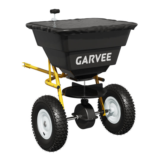 Garvee 85 lb Tow-Behind Broadcast Spreader with Adjustable Flow Control, 10-Inch Pneumatic Tires, Steel Frame & Universal Hitch for Seed, Fertilizer, Salt and Ice Melt, Black & Yellow