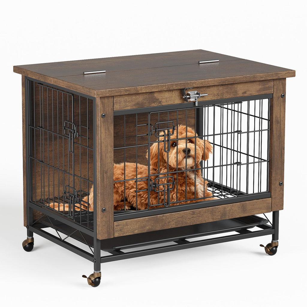 Garvee Small Dog Crate Furniture with 2 Doors and Wheels, Top-Opening Heavy Duty Wooden Indoor Kennel Dog House Cage with Anti-Chew, Removable Tray, Side End Table for Small Medium Dogs, Brown