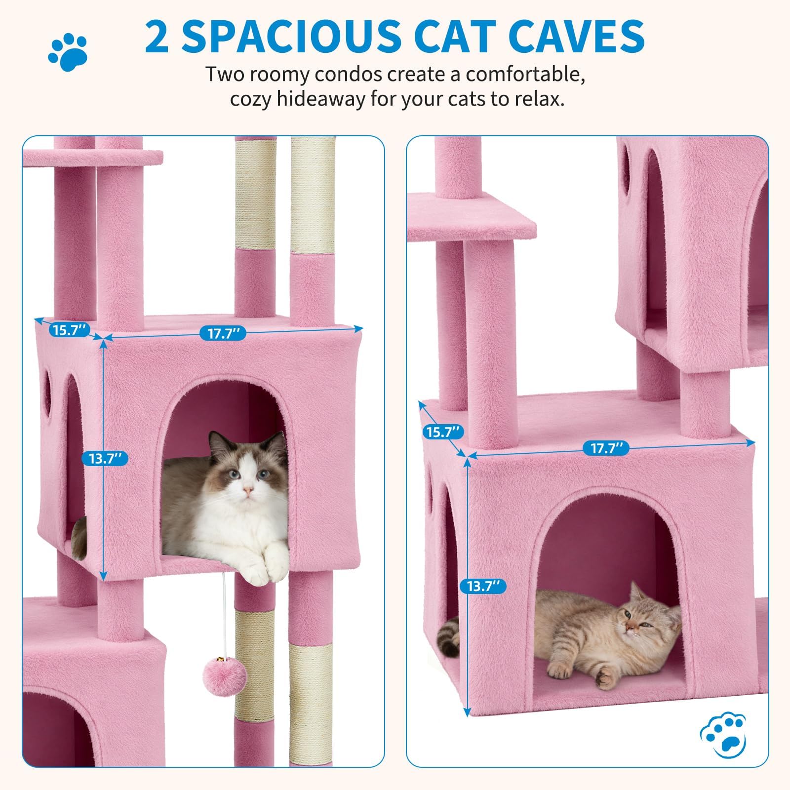 Garvee 61" Multi-Level Cat Tree for Indoor Cats, Heavy-Duty Tower for Large Adult & Maine Coon Cats with Oversized Perch, Dual Condos, Natural Sisal Scratching Posts & Play Toys – Pink