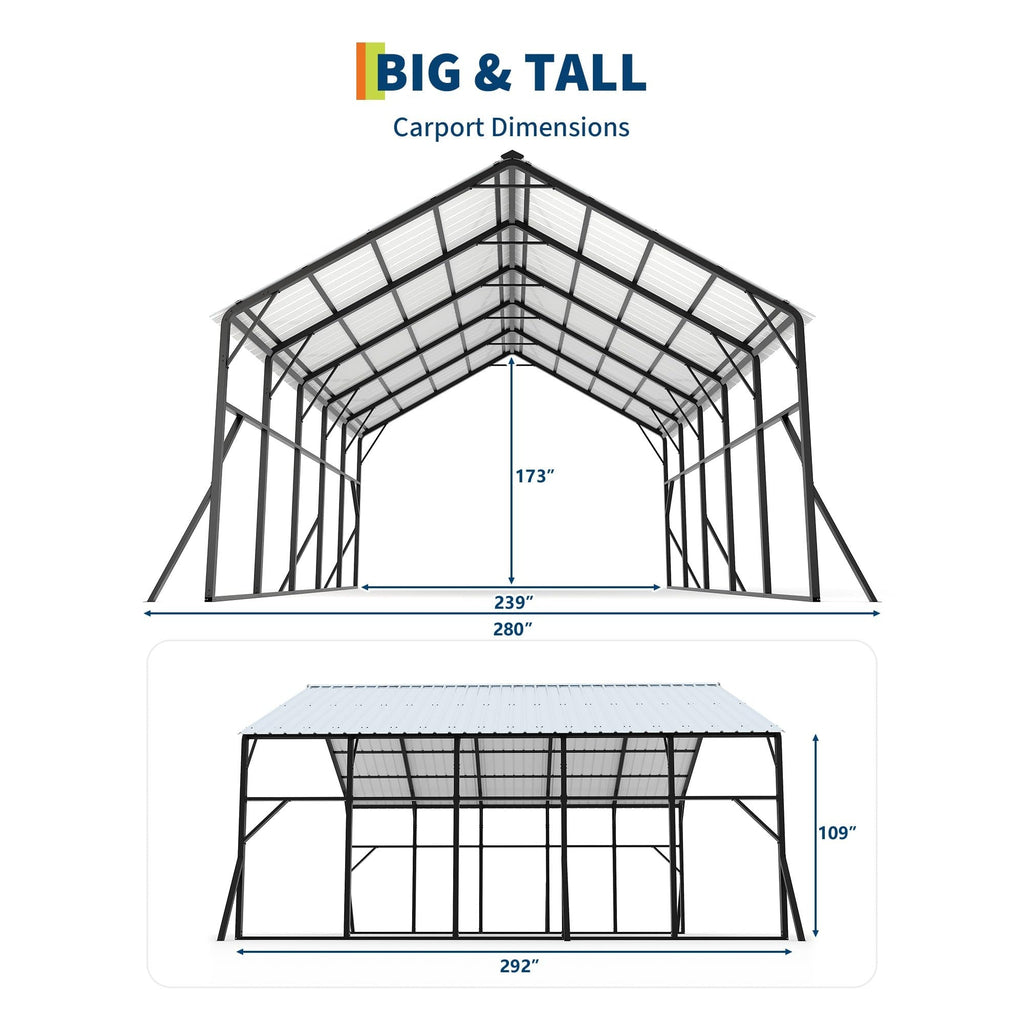Garvee Metal Carport 20×25 ft, 173" High-Clearance 120° Vertical Roof, 19-Gauge Steel Frame for 2 Cars RV Tractor Shelter
