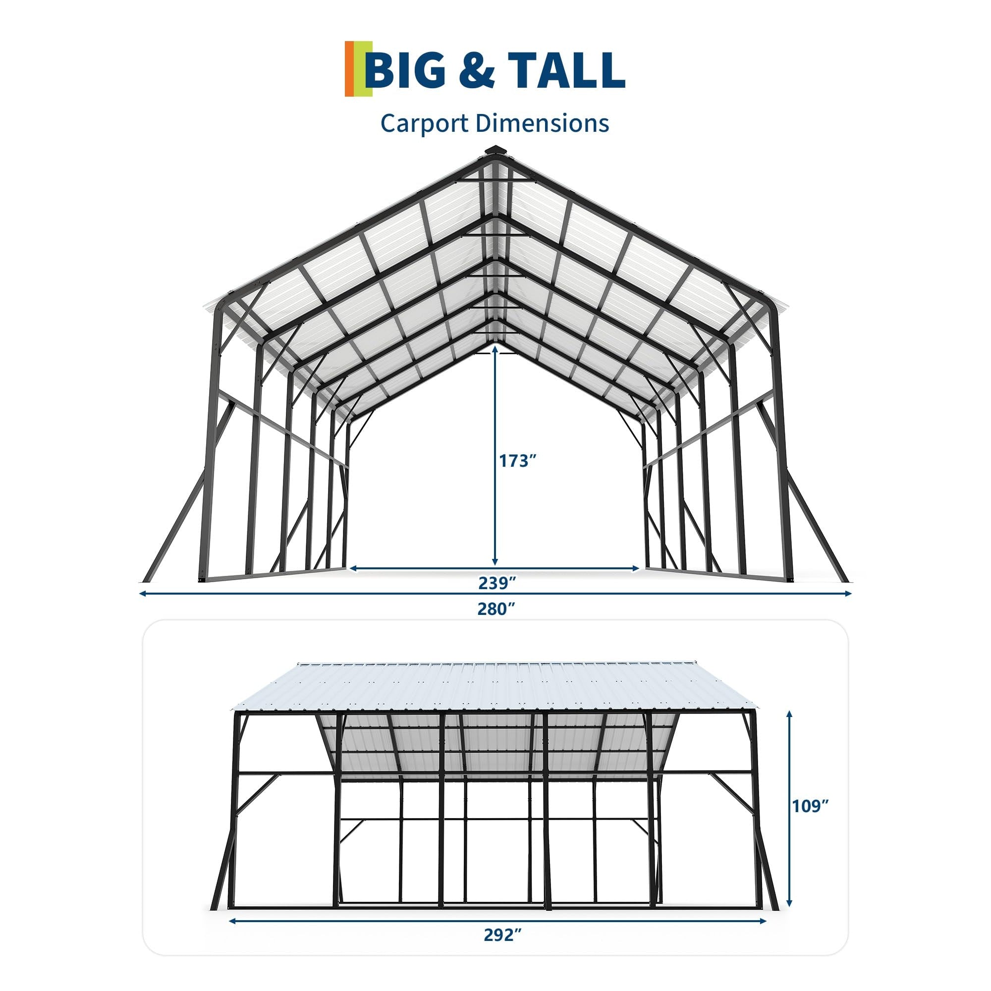 Garvee Metal Carport 20×25 ft, 173" High-Clearance 120° Vertical Roof, 19-Gauge Steel Frame for 2 Cars RV Tractor Shelter