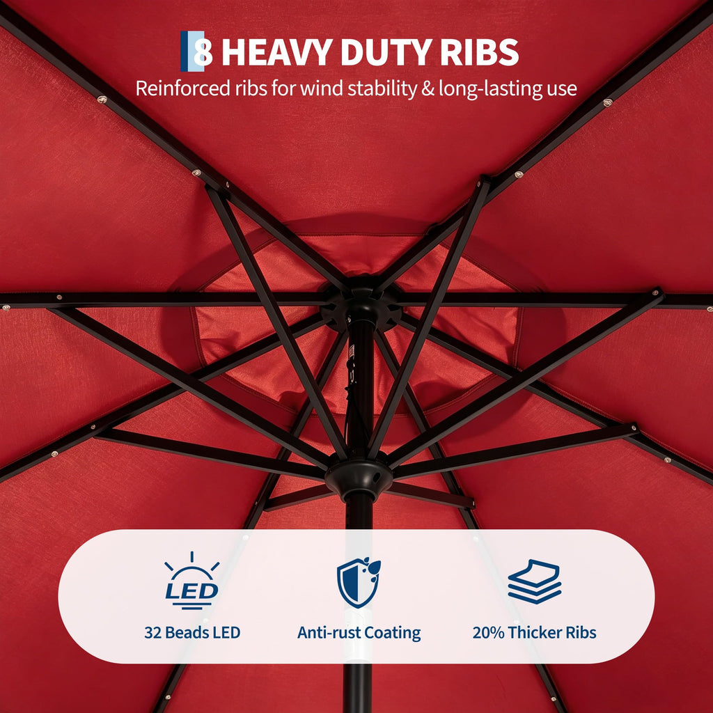 Garvee 10 FT Patio Umbrella with 32 Solar LED Lights, 8-Rib Iron Frame, Crank Lift and Push-Button Tilt for Garden, Deck, Backyard and Poolside, Red