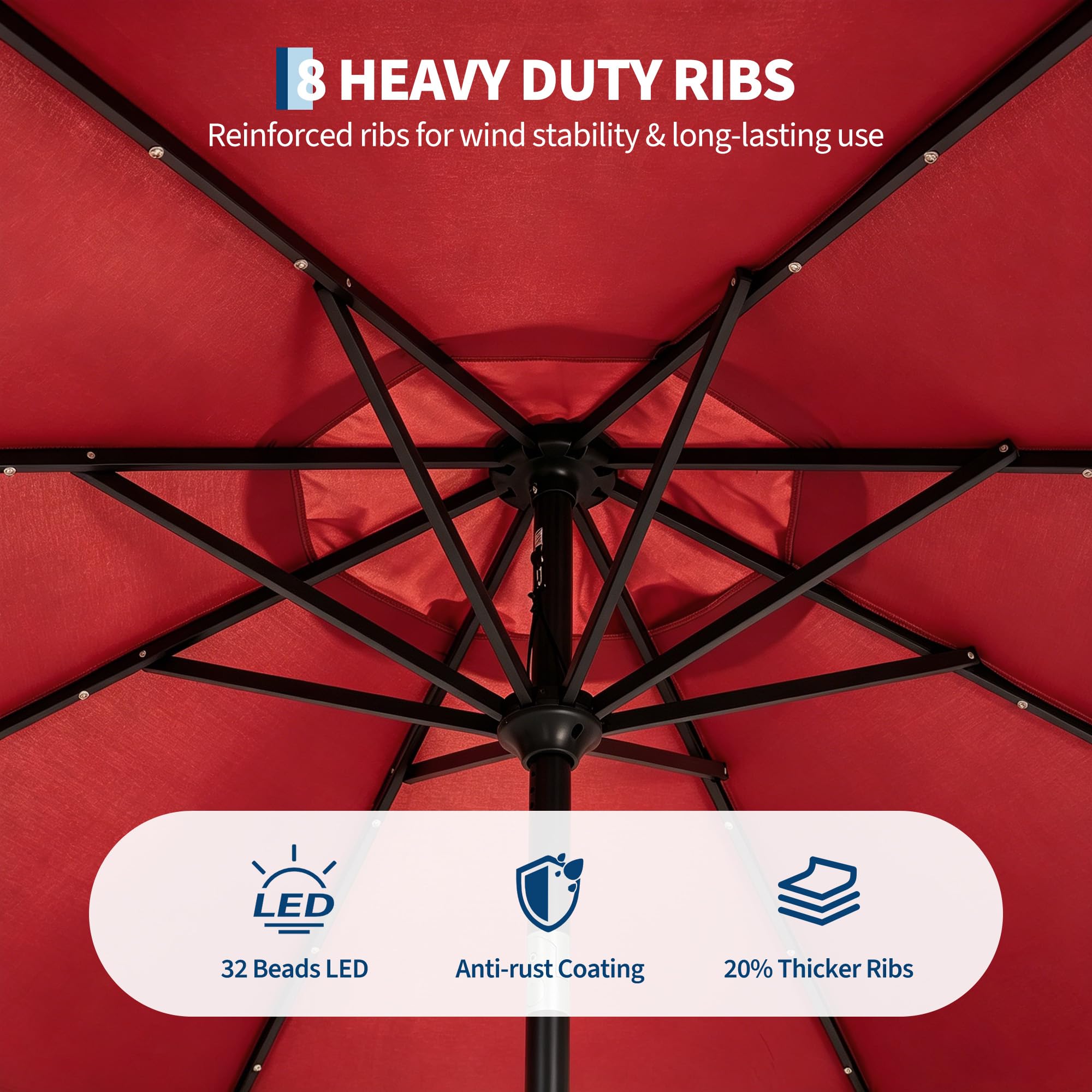Garvee 10 FT Patio Umbrella with 32 Solar LED Lights, 8-Rib Iron Frame, Crank Lift and Push-Button Tilt for Garden, Deck, Backyard and Poolside, Red