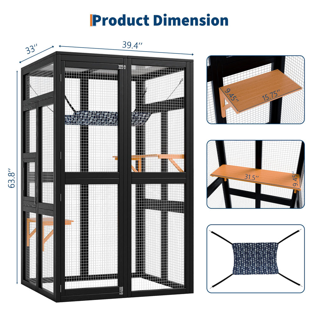 Garvee Spacious Outdoor Wooden Cat Cage, Weatherproof Roof, 2 Platforms, Hammock, Walk-In Window Access, Multi-Cat Catio Enclosure for Patio, Yard, or Indoor Use, Black