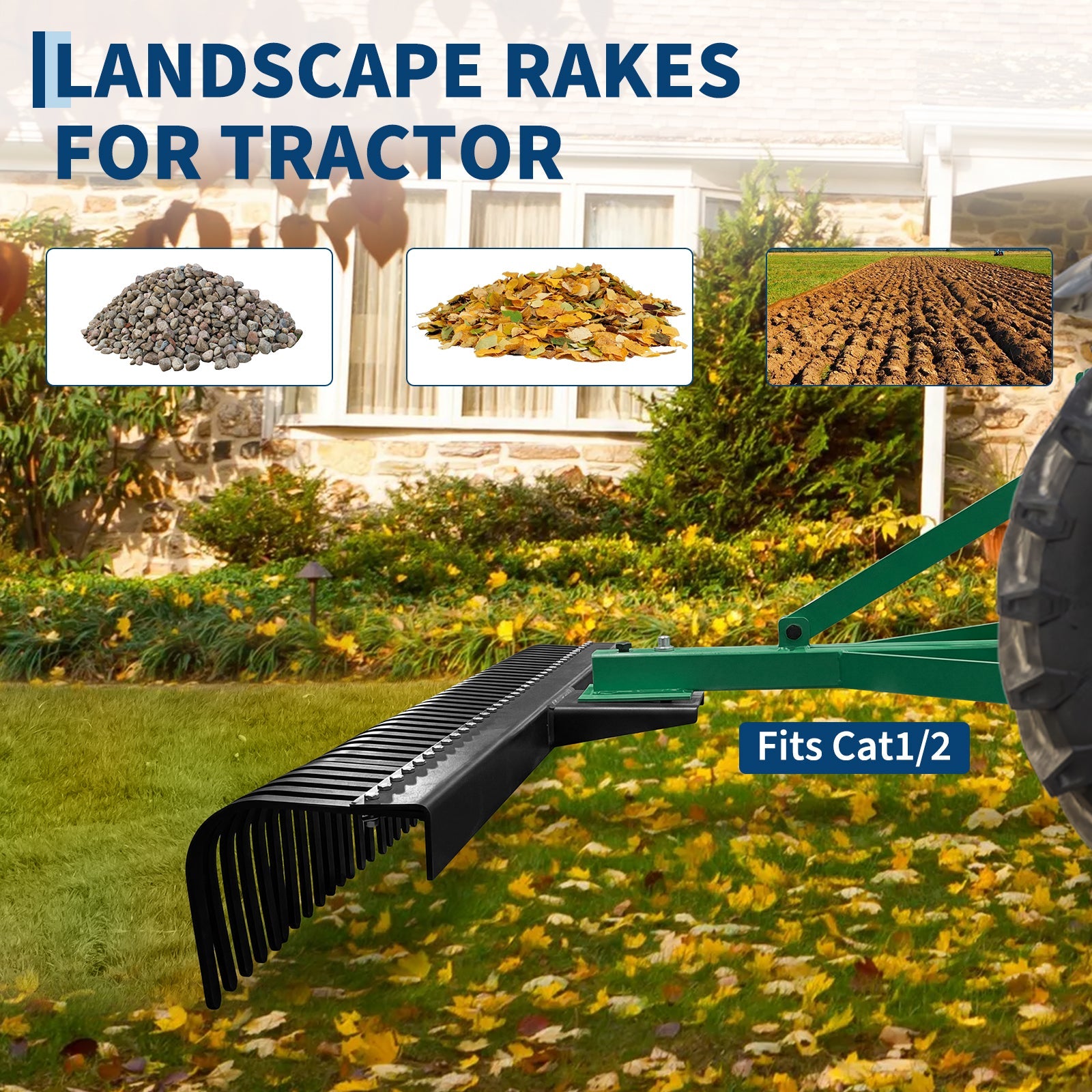 Garvee Heavy Duty 3-Point Landscape Rake for Tractor - 6FT Rock Rake with 37 Steel Tines - 360° Rotating Head - Fits Category 1 & 2 Tractors - Ideal for Lawn, Garden, and Yard - 6 Feet (72 Inches) Green, 37 Teeth